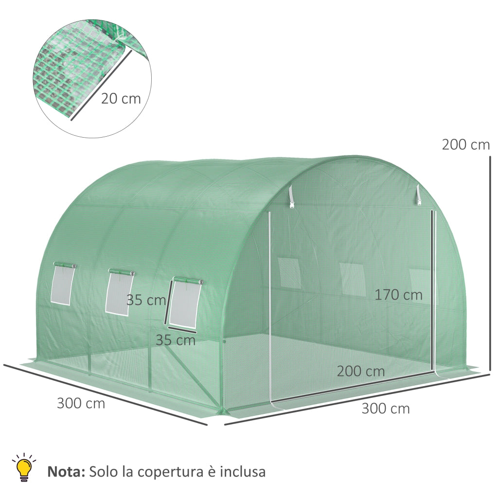 Telo per Serra 3x3x2 m con 6 Finestre Porta Avvolgibile e Bordi Interrati in PE Verde