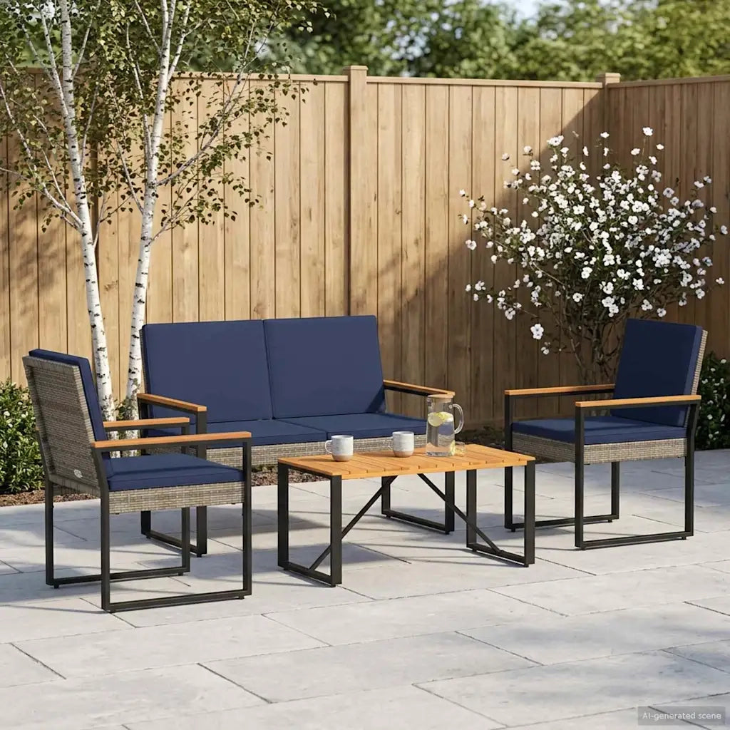 Set Mobili da Esterno 4 pz | Set Salotto da Giardino Grigio e Blu Navy polyrattan