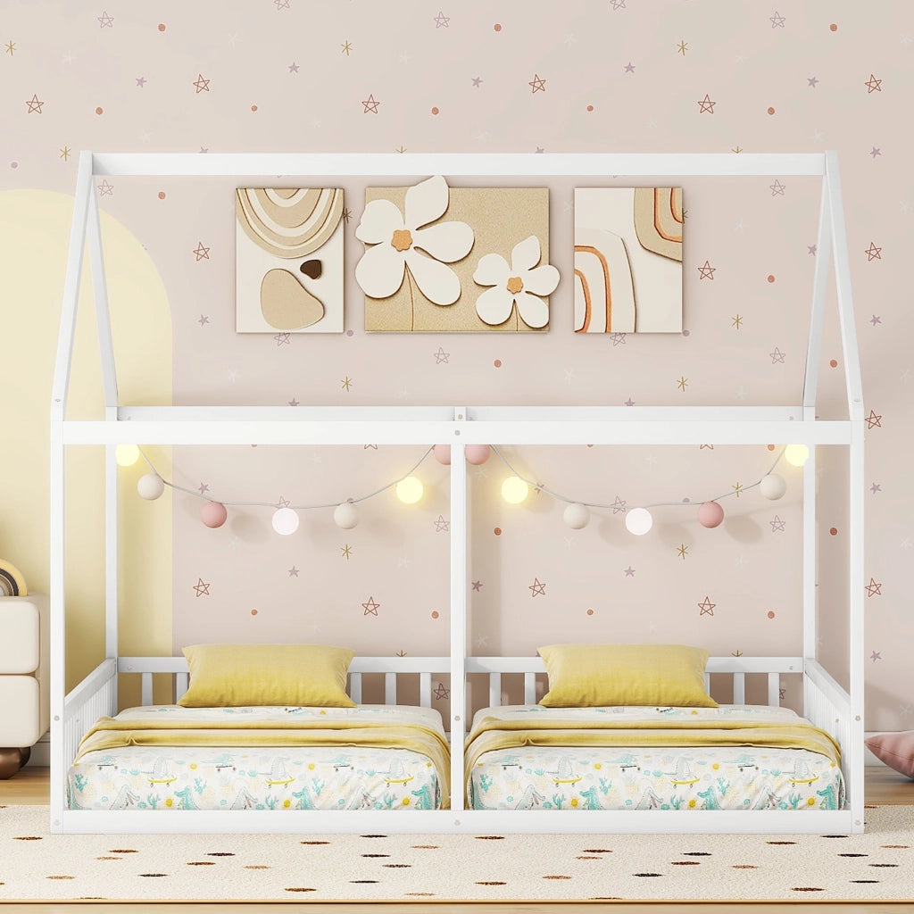 Letto singolo 90x200 in legno di pino e MDF, design a casetta, bianco