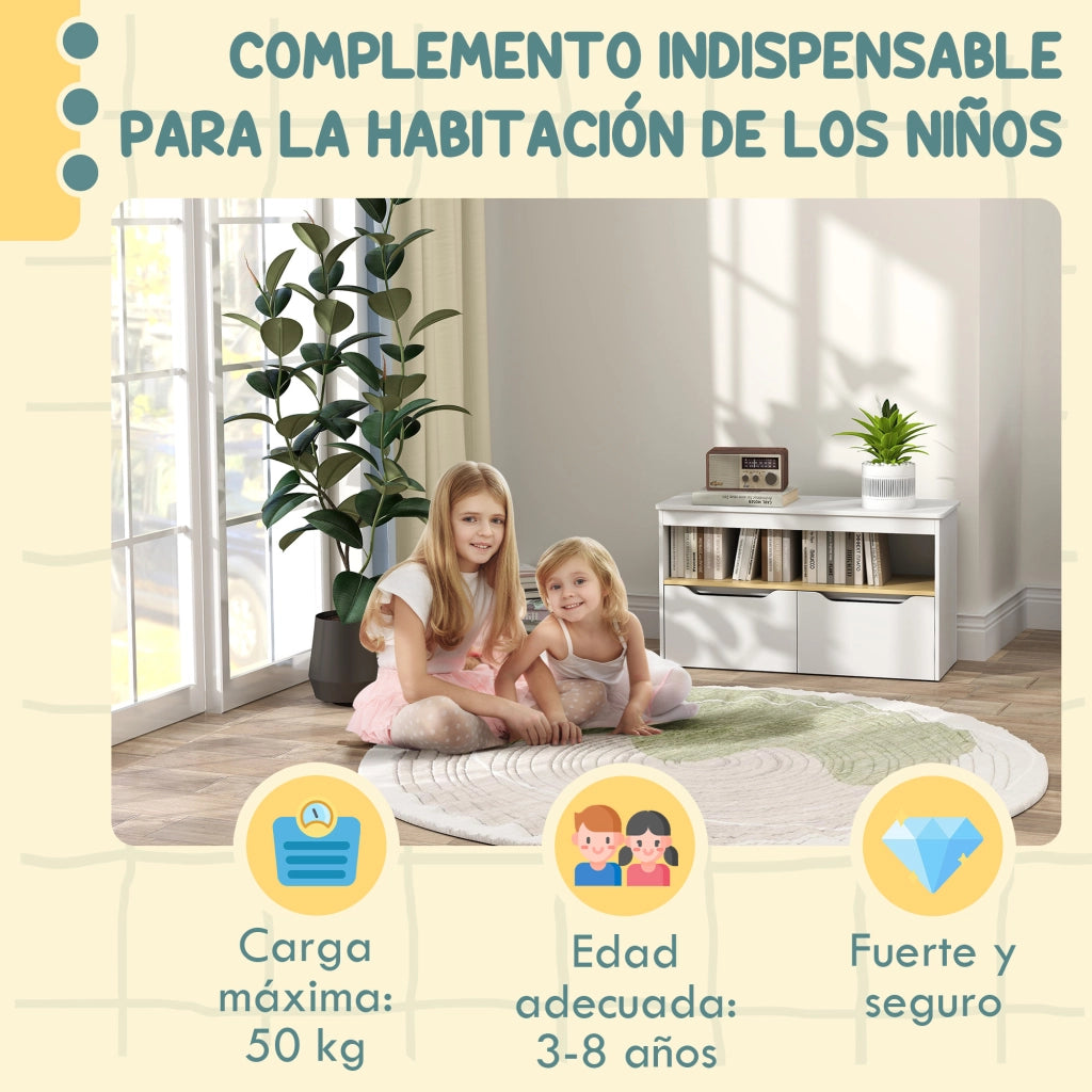 Cassettiera per Bambini con 2 Cassetti e Ripiani ¨C Minimal ¨C 80x30x45 cm Bianco