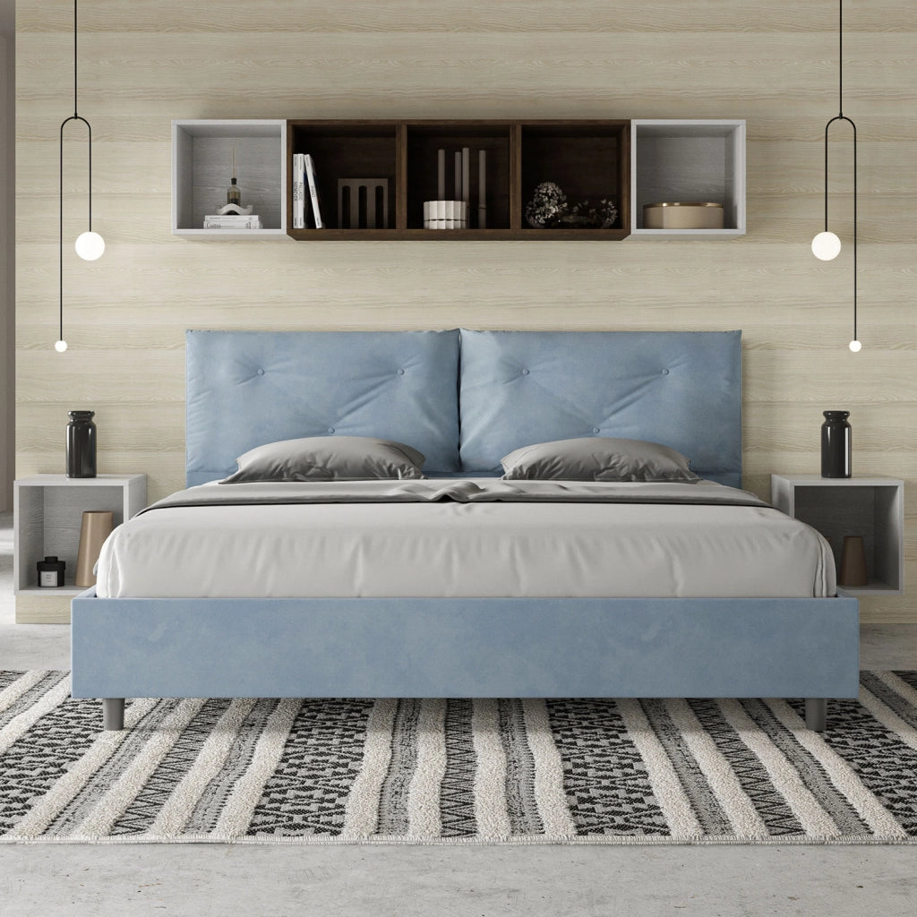 BS COM Letto matrimoniale king size con rete imbottito 190x200 microfibra azzurro Large