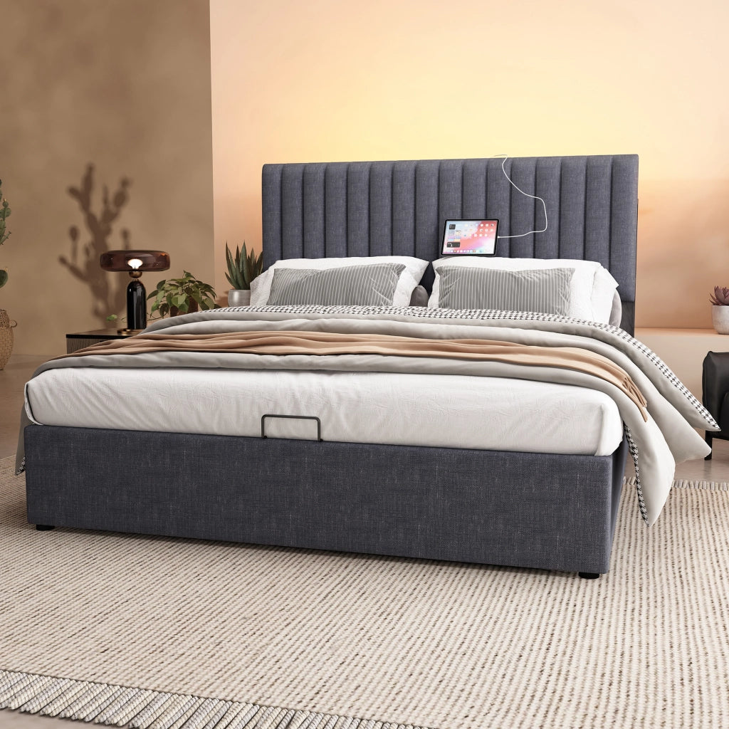 LETTO Contenitore 160x200 cm in Lino Grigio con Testiera LED USB e Type-C