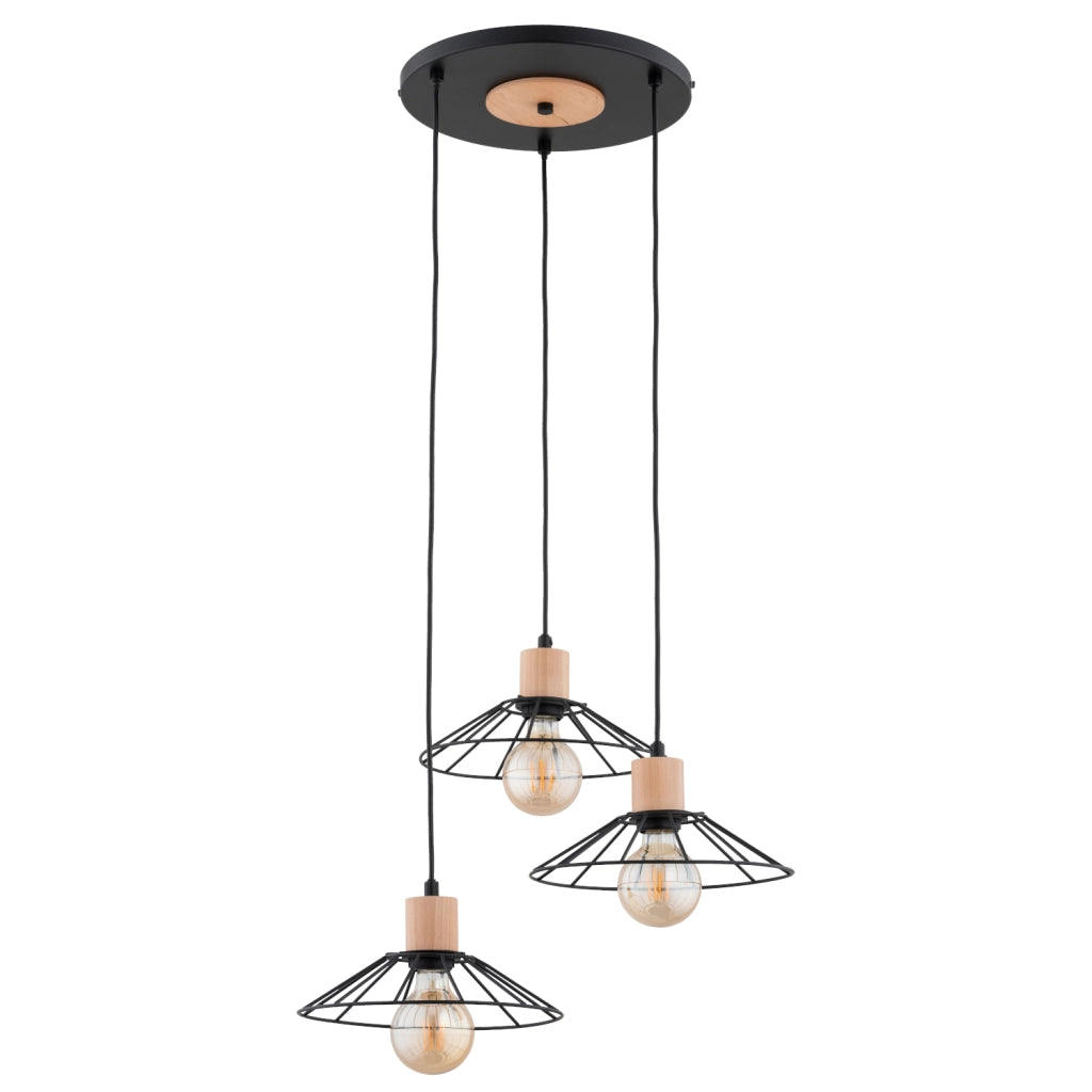 Lampada a sospensione industriale nera legno 3xE27 Alfa Doli