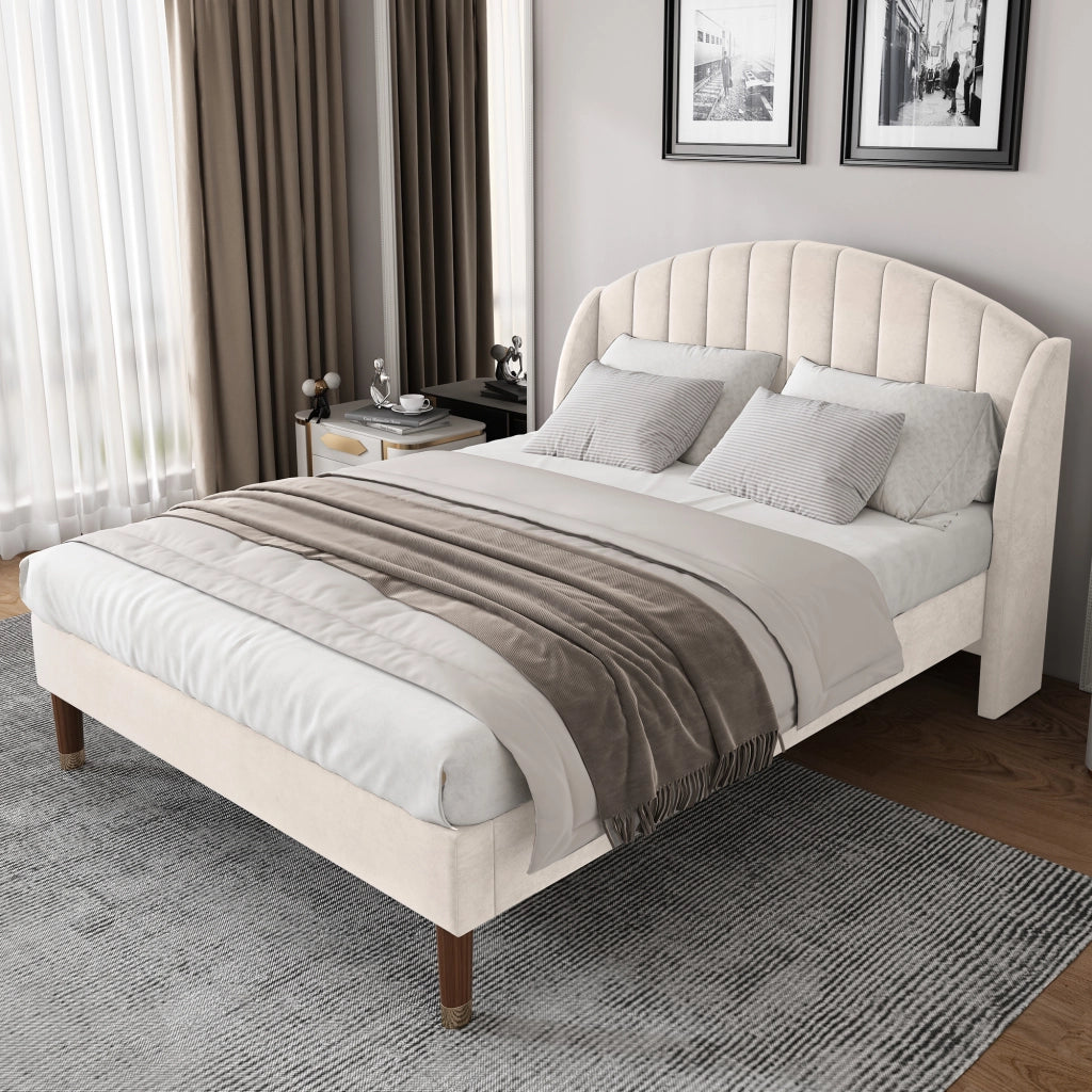LETTO Imbottito 140x190 cm in Velluto Beige con testiera e rete a doghe