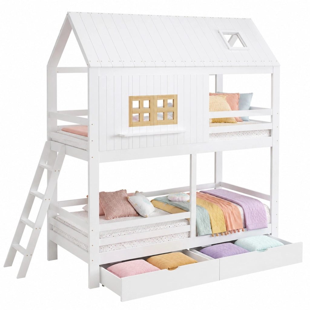 Letto a castello per bambini con finestre, tetto e due cassetti