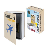 Cassaforte a forma di libro con scritta  "Travel is my therapy"