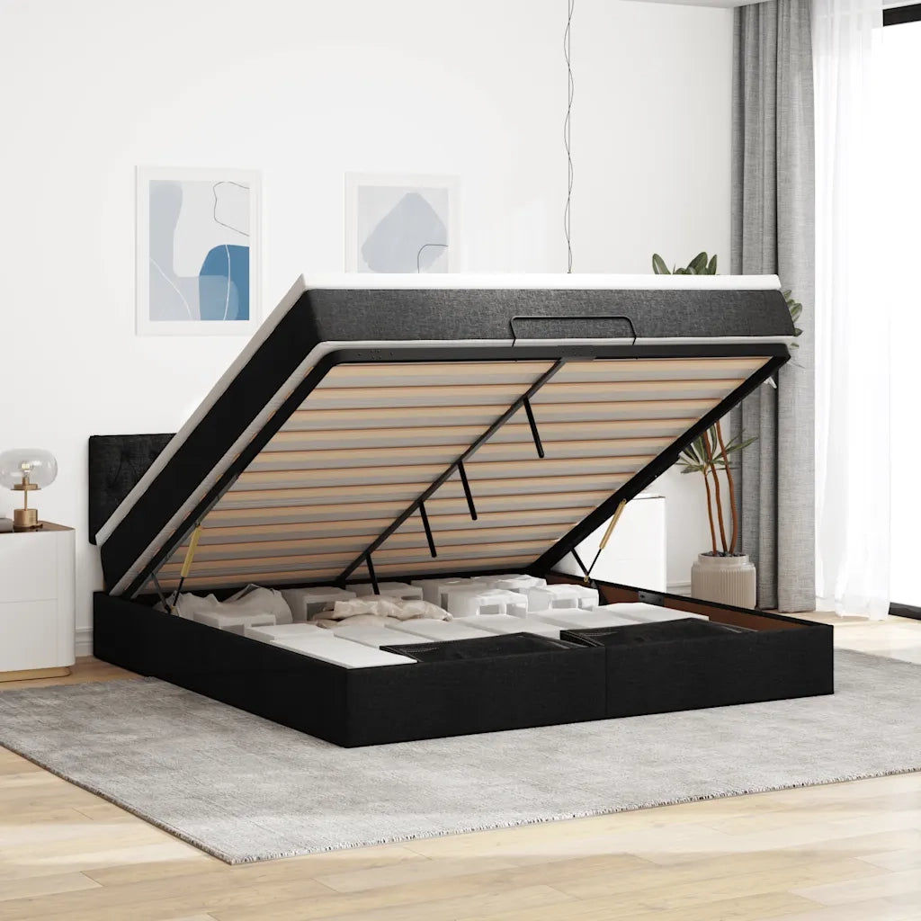 Pouf Letto con Materasso e LED Nero 180x200cm Tessuto