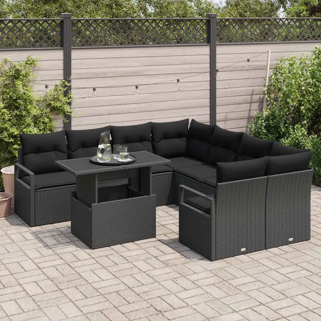 Set Divano da Giardino con cuscino 9 pcs Nero Poly Rattan