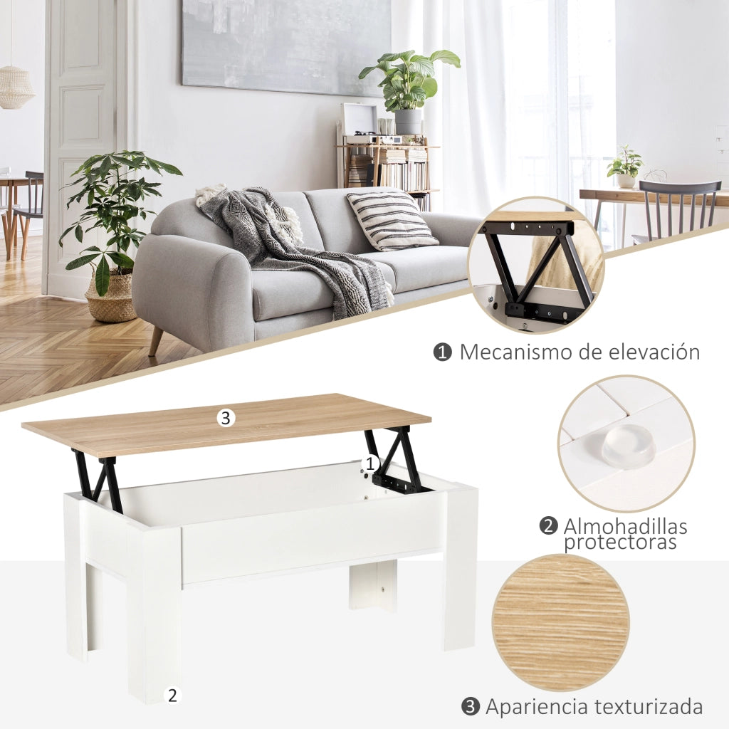 Tavolino da caff¨¨ con piano elevabile e vano contenitore ¨C Xylo ¨C Bianco e legno naturale 100x50cm