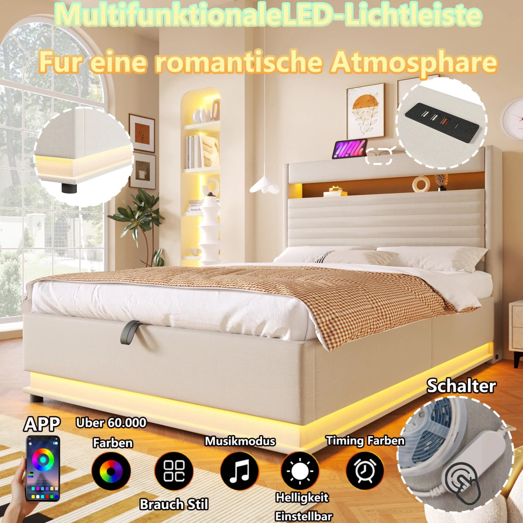 LETTO Contenitore 140x200 cm in lino Beige con LED e USB-C