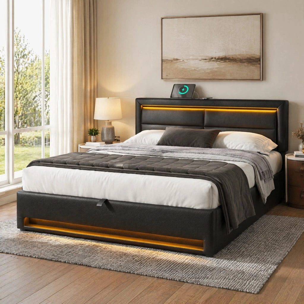 LETTO Imbottito 140x200 cm PU Nero con USB, LED e contenitore