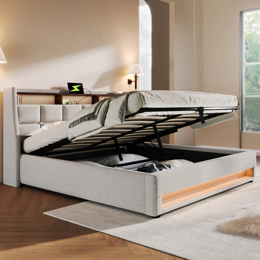 LETTO Imbottito 140x200 cm Beige con USB, LED e rete sollevabile
