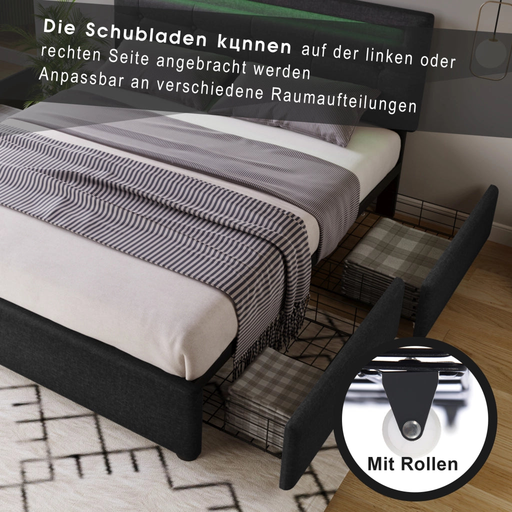 LETTO matrimoniale 140x200 cm in lino nero con LED e 4 cassetti