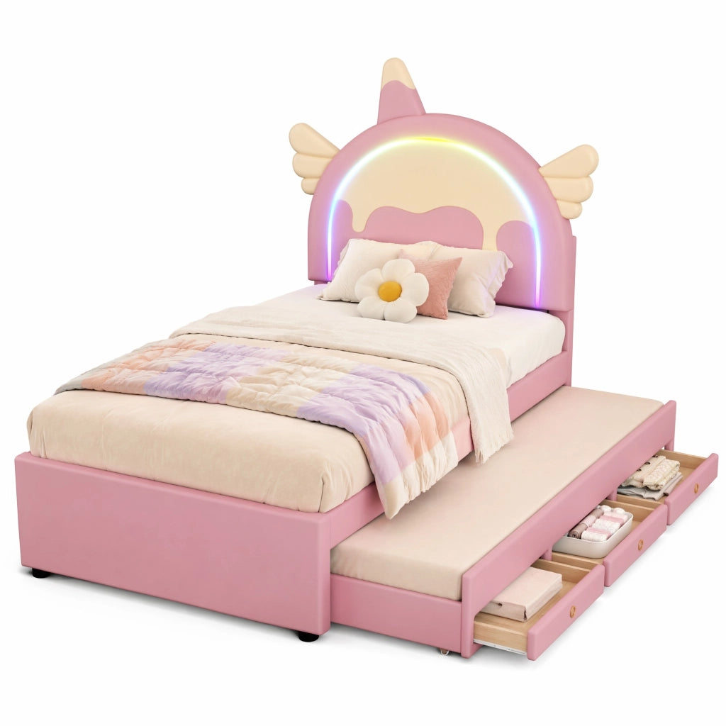 Letto per bambini a forma di unicorno con letto estraibile e spazio salvaspazio
