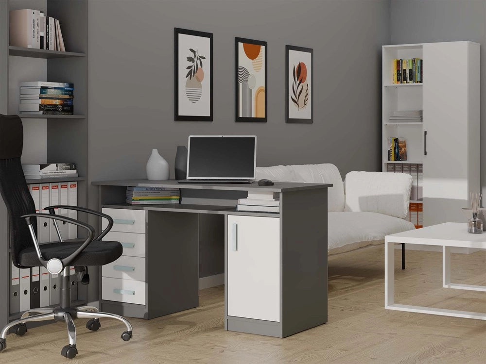 Scrivania ADA antracite bianco 125 cm 4 cassetti mobile con ripiani per ufficio camera e laptop