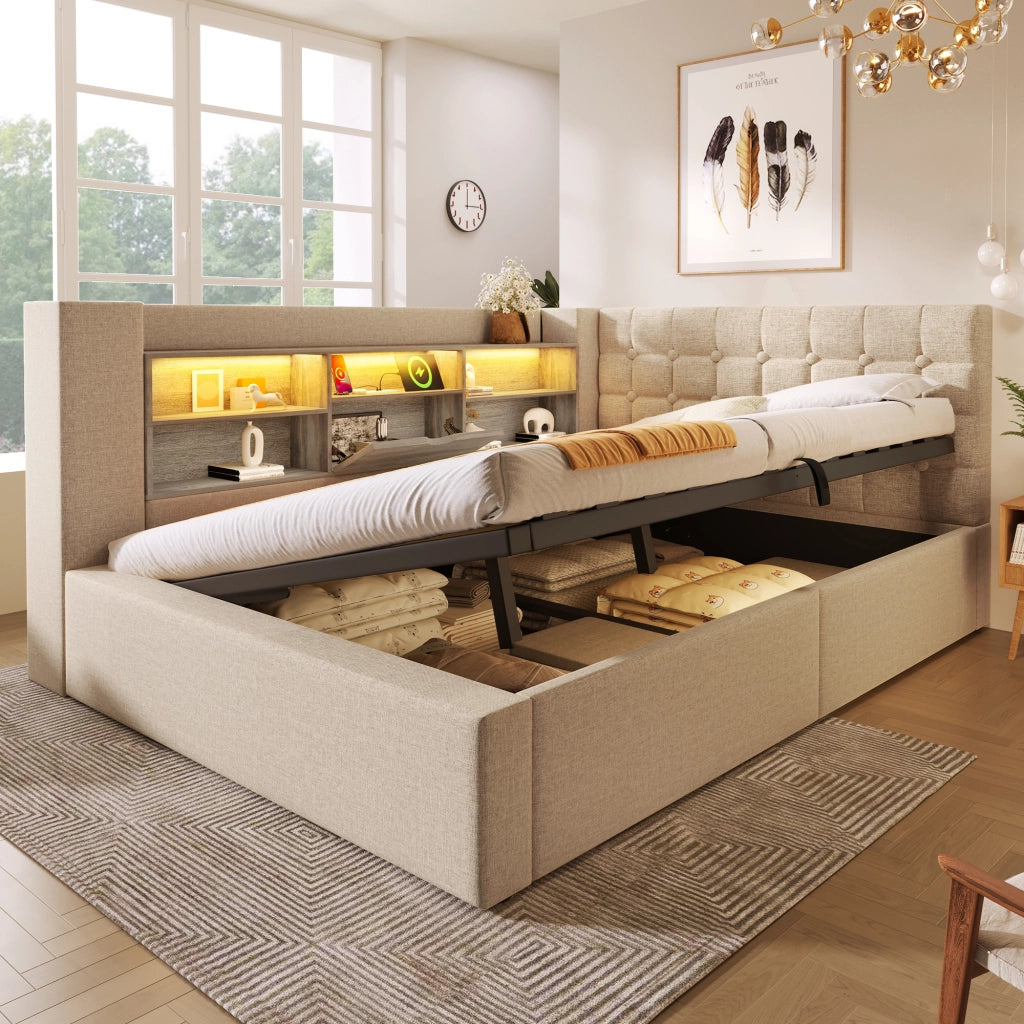 LETTO 140x200 cm con LED, USB e contenitore idraulico, Lino Beige