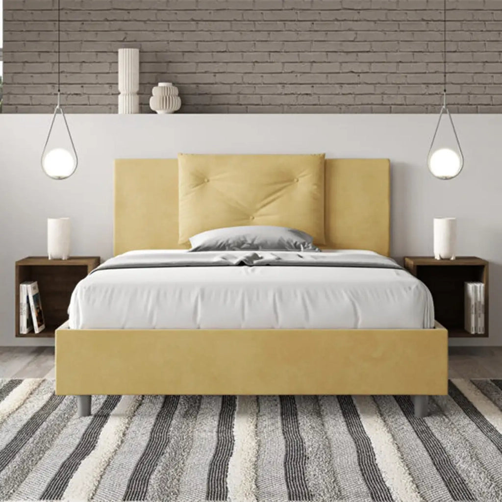 Letto matrimoniale francese con rete imbottito 140x200 microfibra ocra Appia