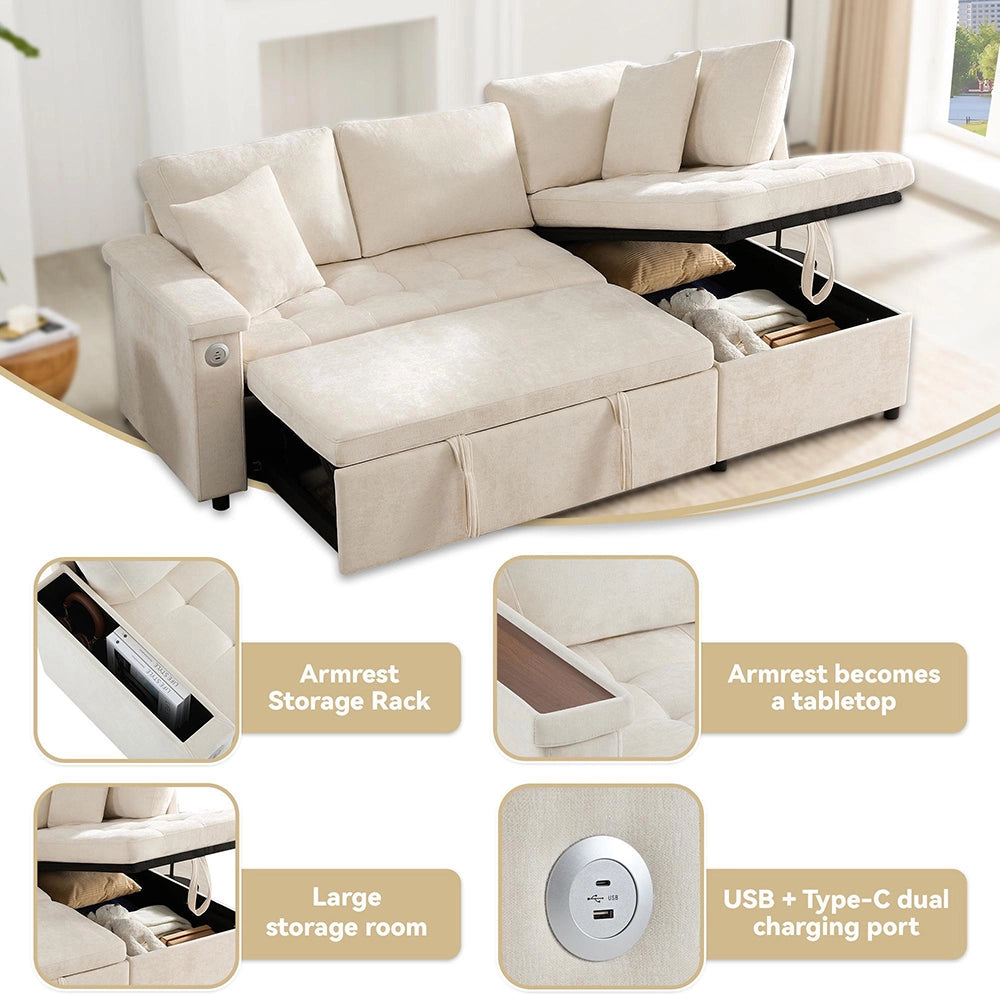 Divano angolare moderno - Xylo - Letto convertibile, USB, beige