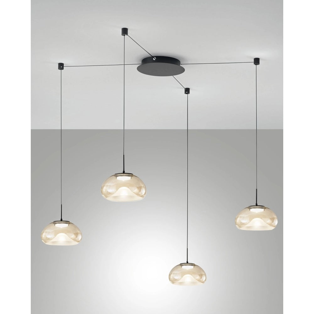 Brena - Lampada a sospensione decentrata Cognac 4 luci - Fabas Luce - LED 40W dimmerabile - Montaggio con decentramento