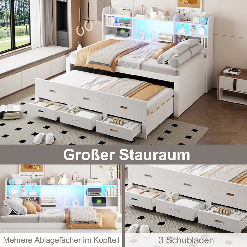 LETTO Estraibile 90x200 cm con LED, 3 Cassetti, Bianco