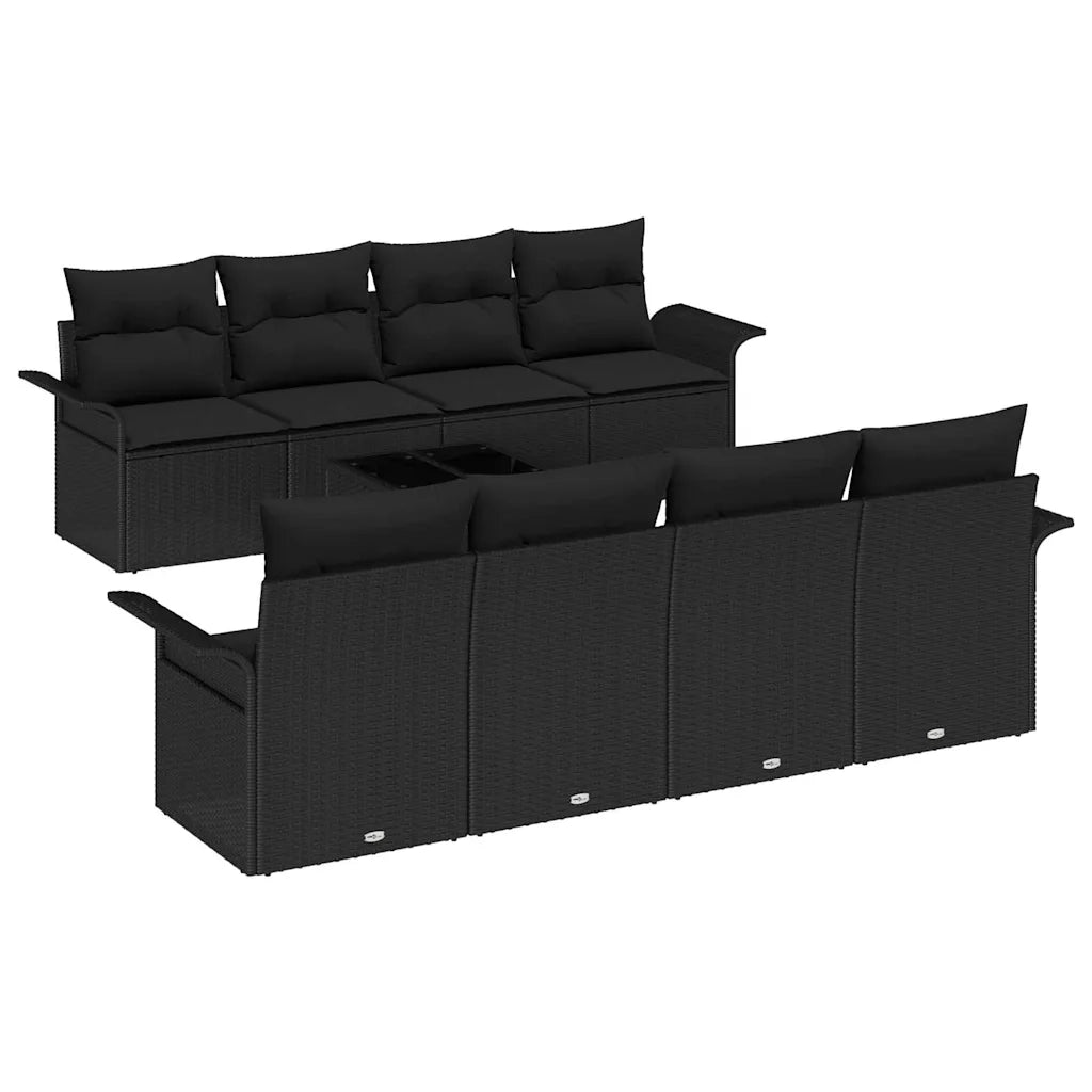 Set Divano da Giardino con cuscino 9 pcs Nero polyrattan