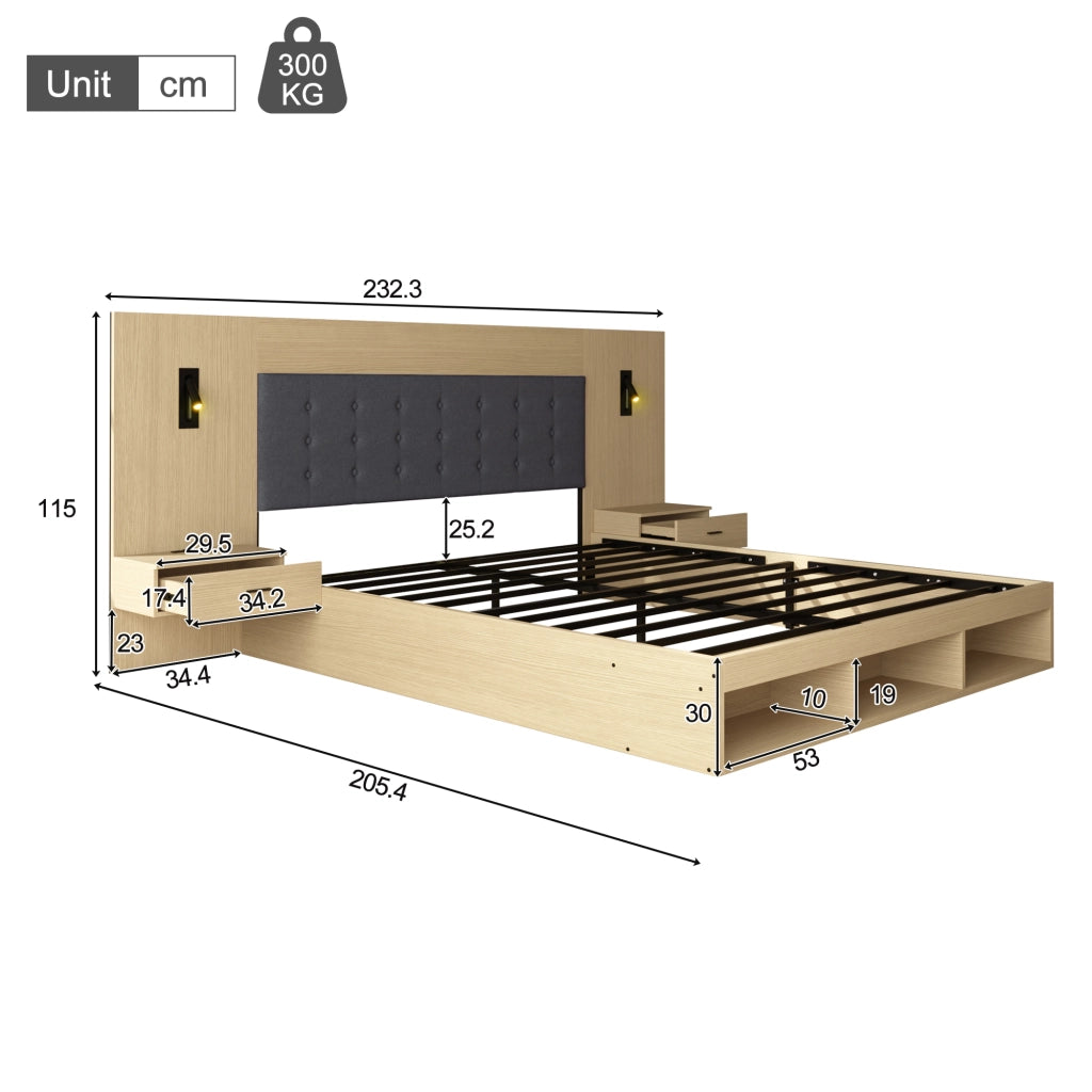 LETTO 160x200 cm con 2 comodini, MDF, Quercia Chiara