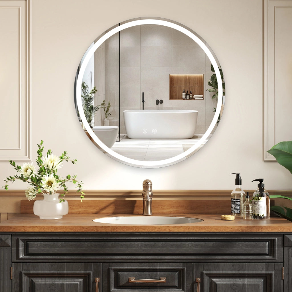 Specchio rotondo led bagno parete luminosità regolabile touch-Specchio vetro temperato memoria anti-appannamento design moderno 80 cm