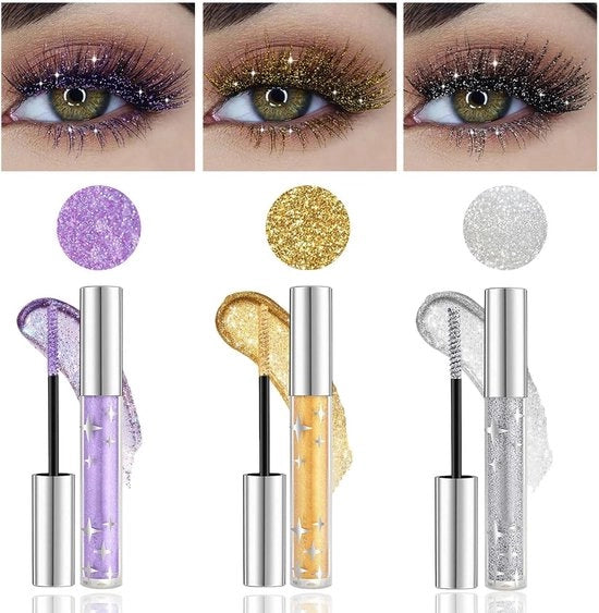 Mascara con Glitter - Resistente all'acqua e lunga durata - Argento, oro e viola - Per feste e matrimoni
