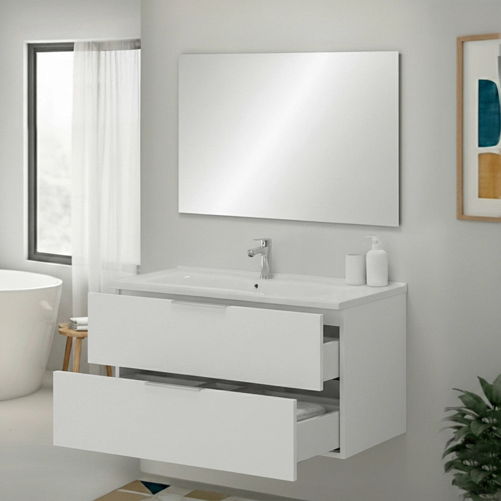 Mobile bagno sospeso 100cm bianco opaco con cassetti soft-close lavabo e specchio Elva