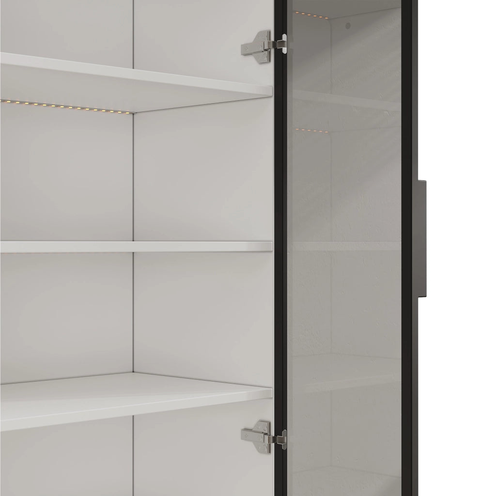 Vetrina con LED e ante in vetro fumé, struttura in truciolare e alluminio, bianco, a due porte inferiori, 120 × 40 × 160 cm