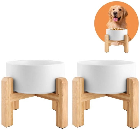 Set di Ciotole per Cani in Ceramica con Base in Bamboo - Antiscivolo - Kit da 2 pezzi - 400 ml