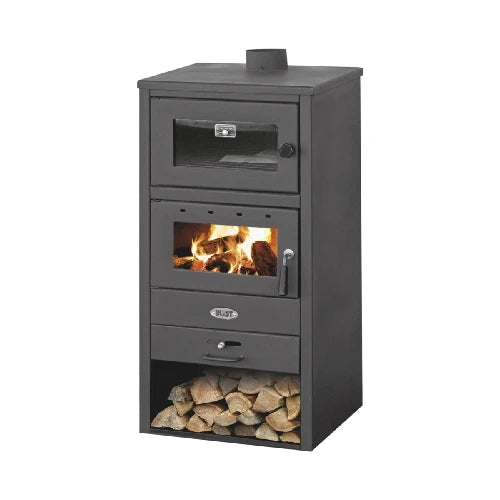Stufa a Legna con Forno Giorgia 10–12 kW Nera in Acciaio con Portalegna