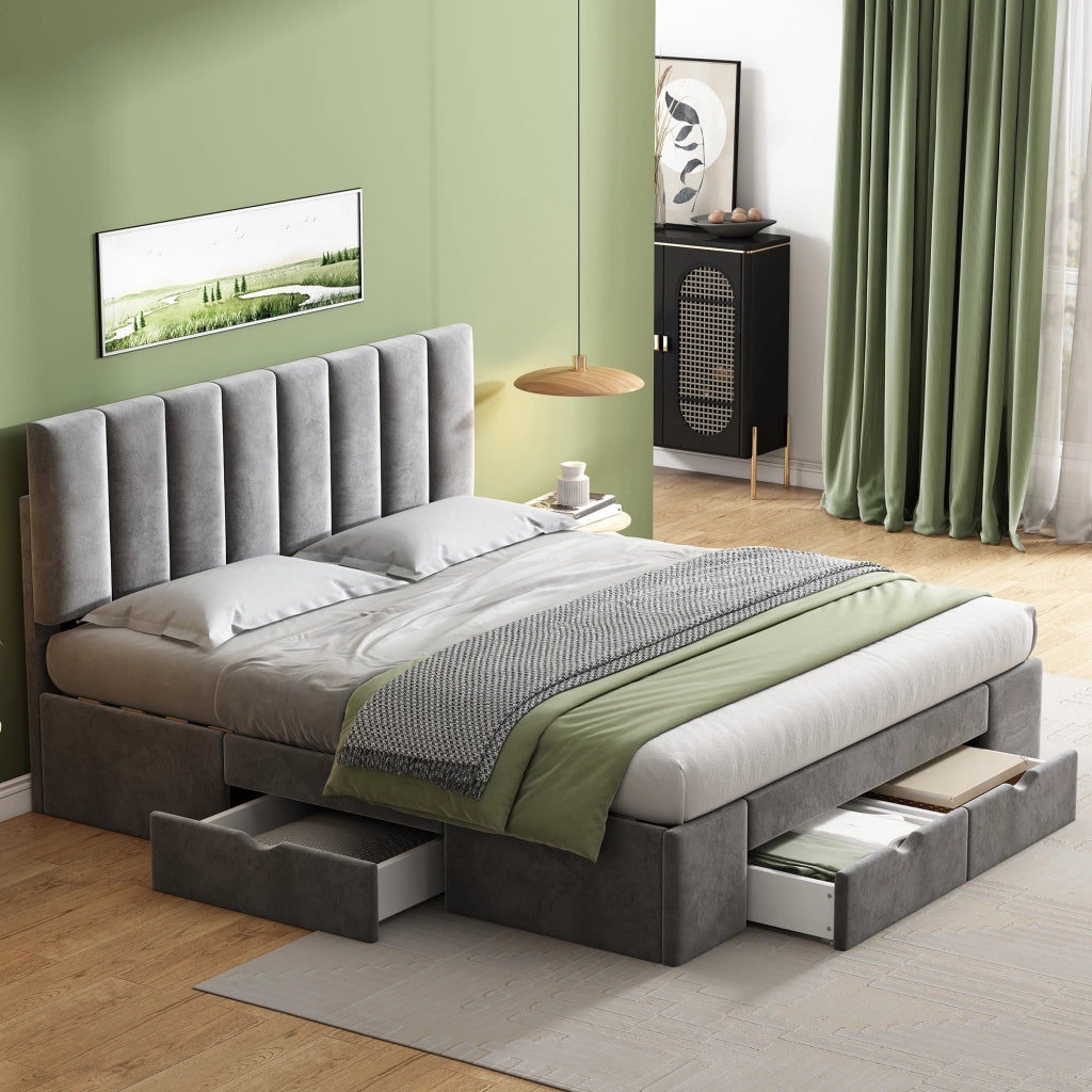 LETTO imbottito 160x200 cm in velluto grigio con rete a doghe