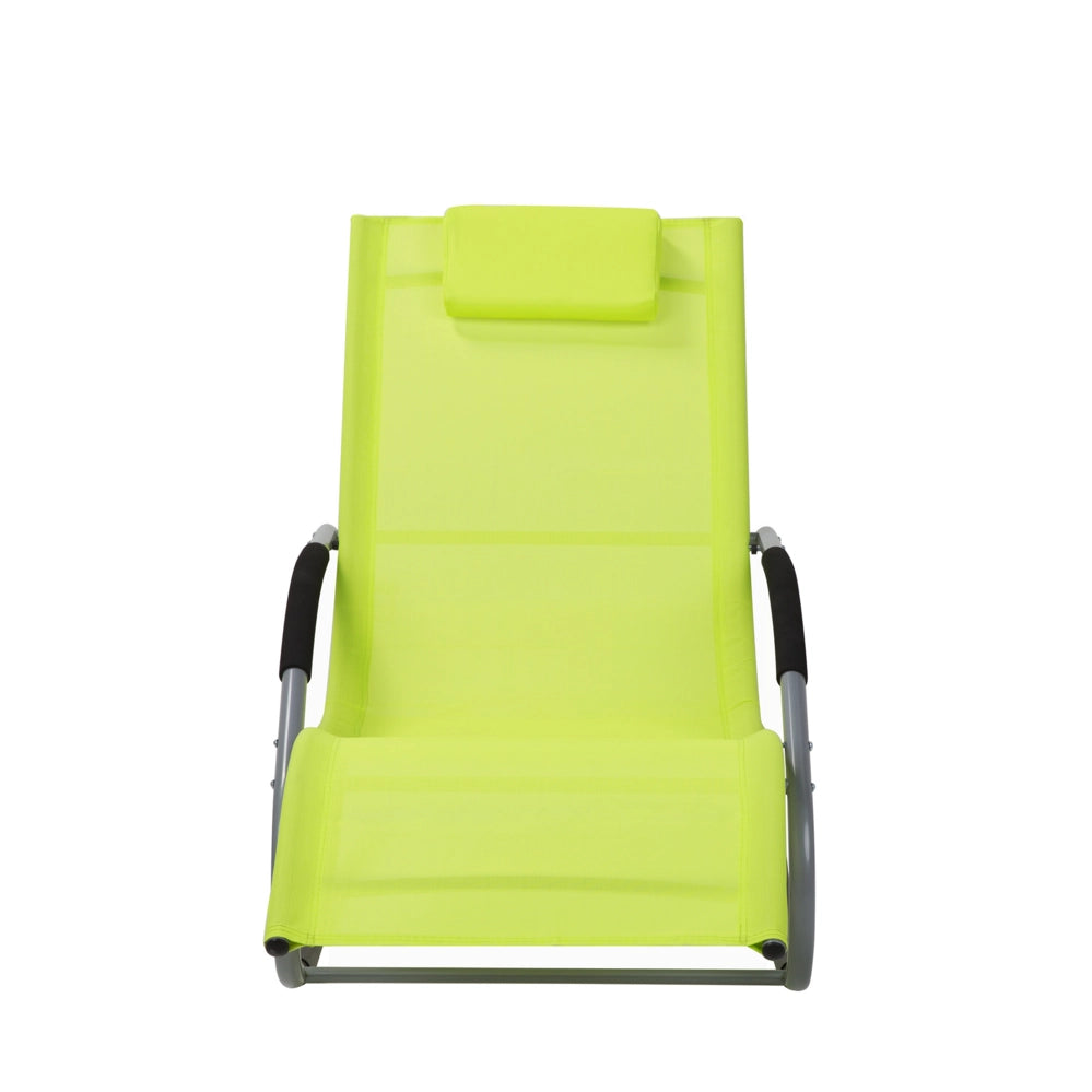 Lettino da esterno in tessuto con guide in acciaio verde lime con cuscino per la testa