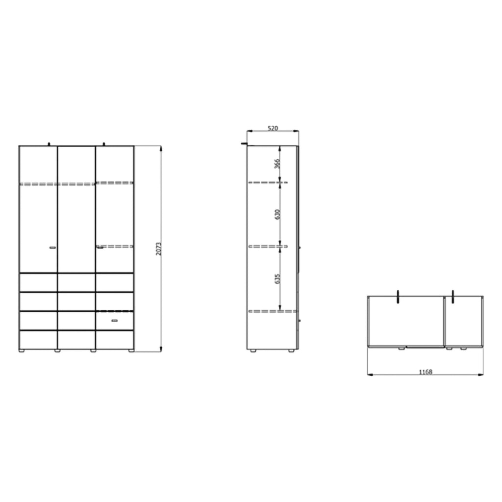 Armadio Camera da Letto Serram, Guardaroba 3 Ante Appendiabiti, 117x52 cm Bianco Opaco