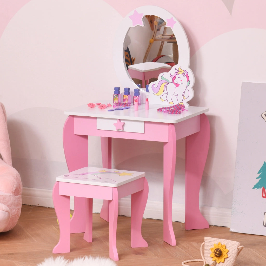 Specchiera Giocattolo con Cassetto e Sgabello Gioco Bambine 3-6 Anni