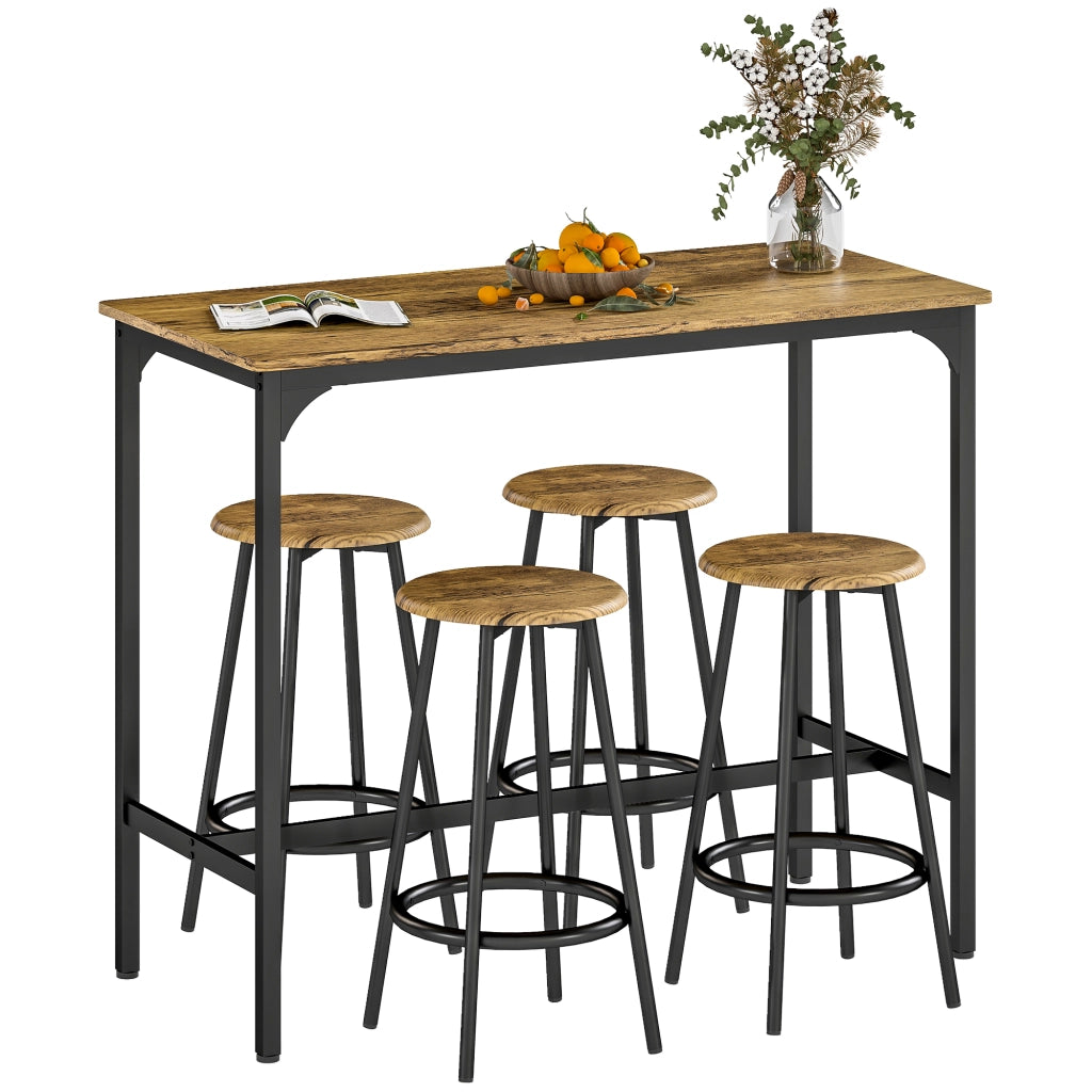 Set da Bar 5 pezzi con Tavolo alto e 4 Sgabelli Stile Industriale, Marrone e Nero