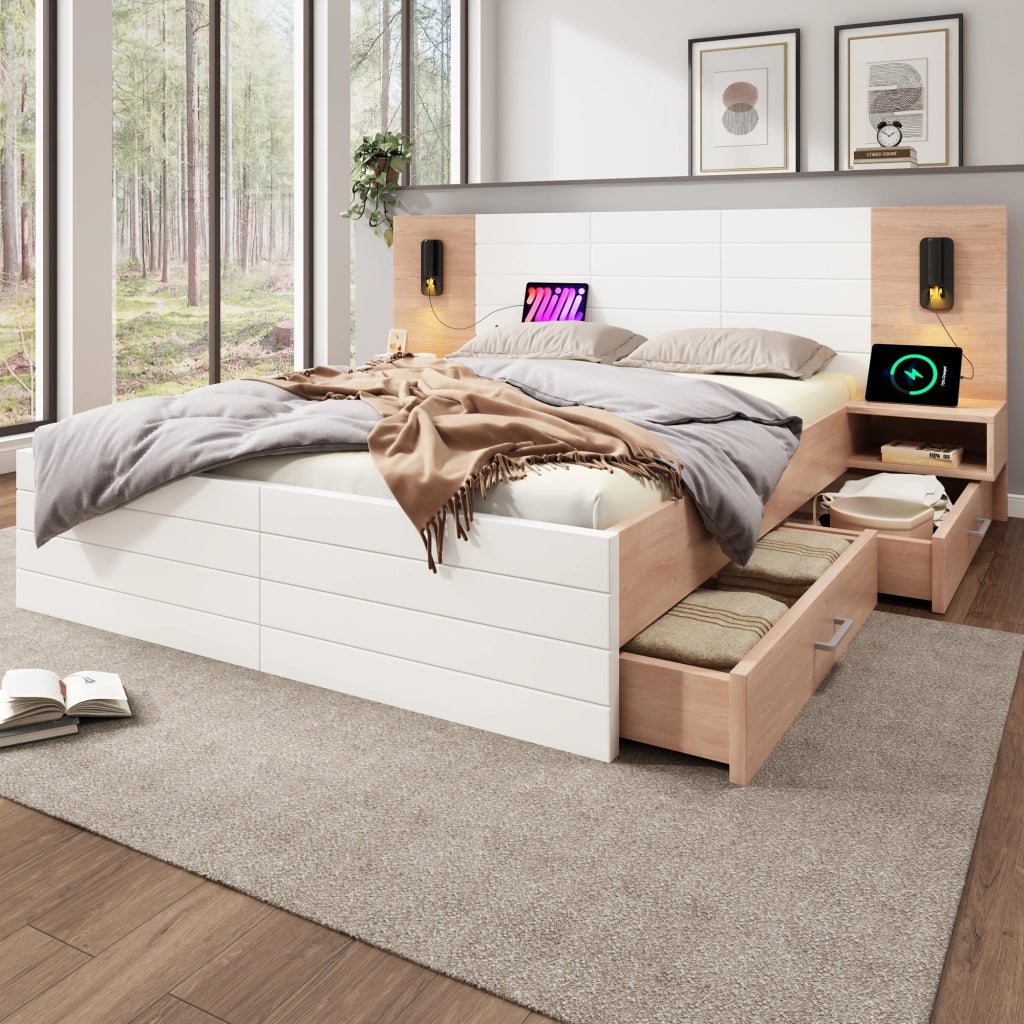 DESMIU Letto con cassetti letto matrimoniale 2 posti con 2 cassetti, lampada da lettura e USB, 180 × 200 cm, senza materasso