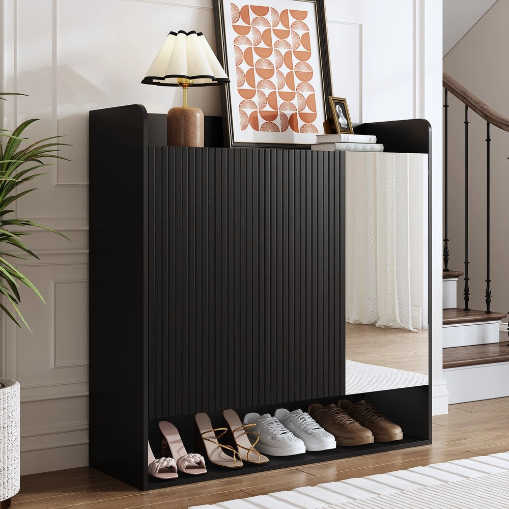 Scarpiera con Specchio Ingresso ¨C MINIMAL ¨C Nero, Ripiani Multipli