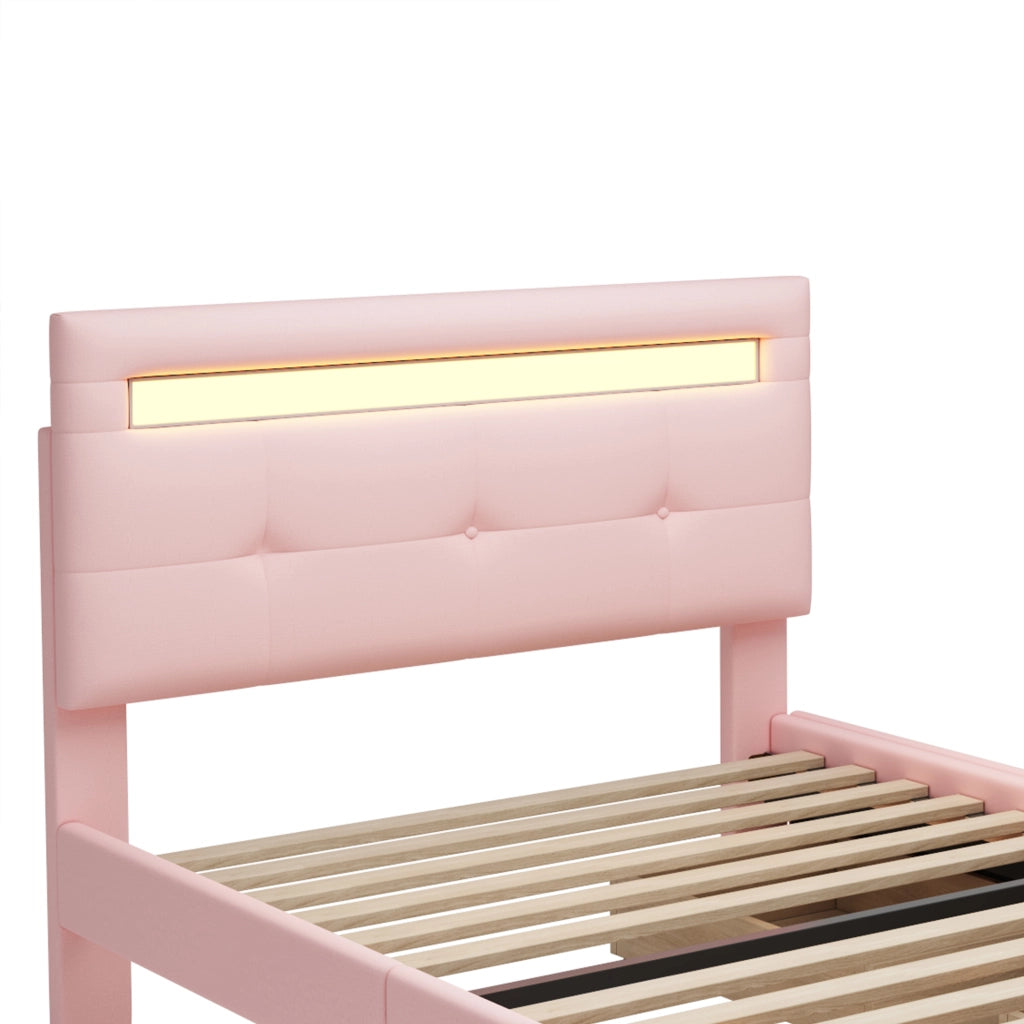 LETTO 90x200 cm Rosa con LED e 2 cassetti