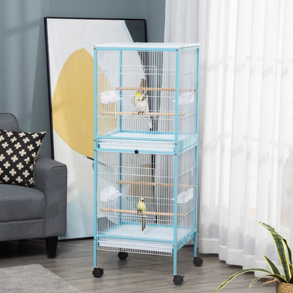 Gabbia per Uccelli 2 Livelli con Ruote ¨C Minimal ¨C Blu 51.5x50x140 cm