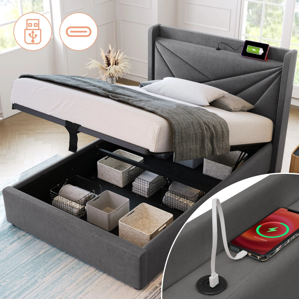 LETTO Singolo Contenitore 90x200 cm Grigio in Cotone-Lino con USB e Type-C