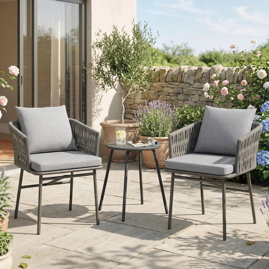 Set Bistrot 3 Pezzi ¨C Minimal ¨C Polyrattan, Grigio, con Cuscini