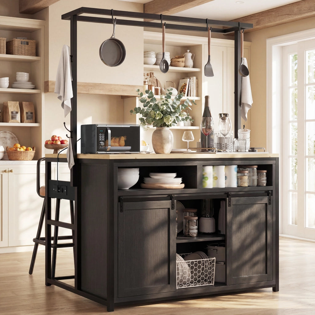 Colonna da cucina con prese elettriche, ripiani aperti e ante scorrevoli, MDF e metallo nero 107 × 62 × 183 cm