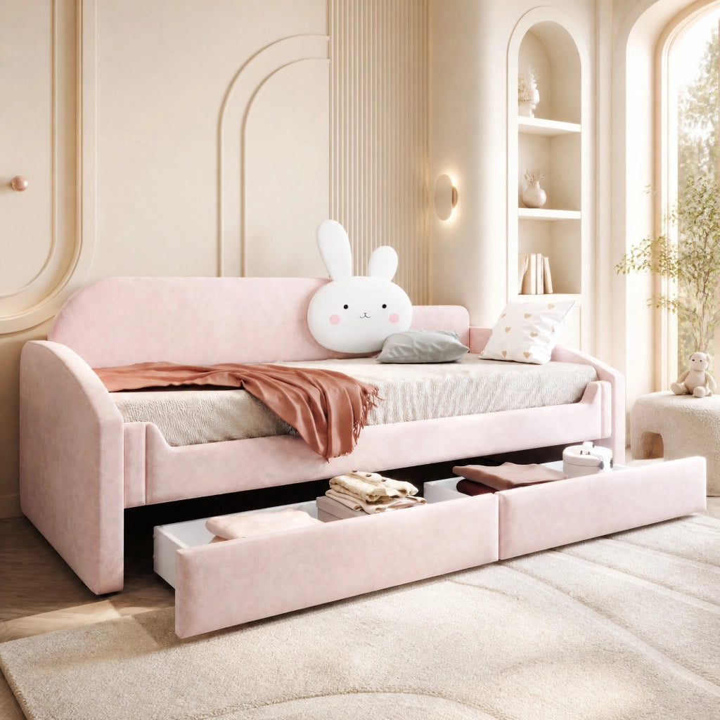 LETTO Sofa per bambini 90x200 cm in velluto rosa con LED
