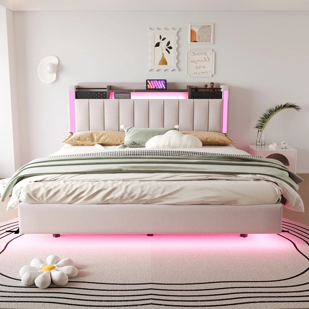 Letto Imbottito Matrimoniale con LED e USB ¨C MINIMAL ¨C Testiera con Contenitore, Tessuto, Beige, 160x200