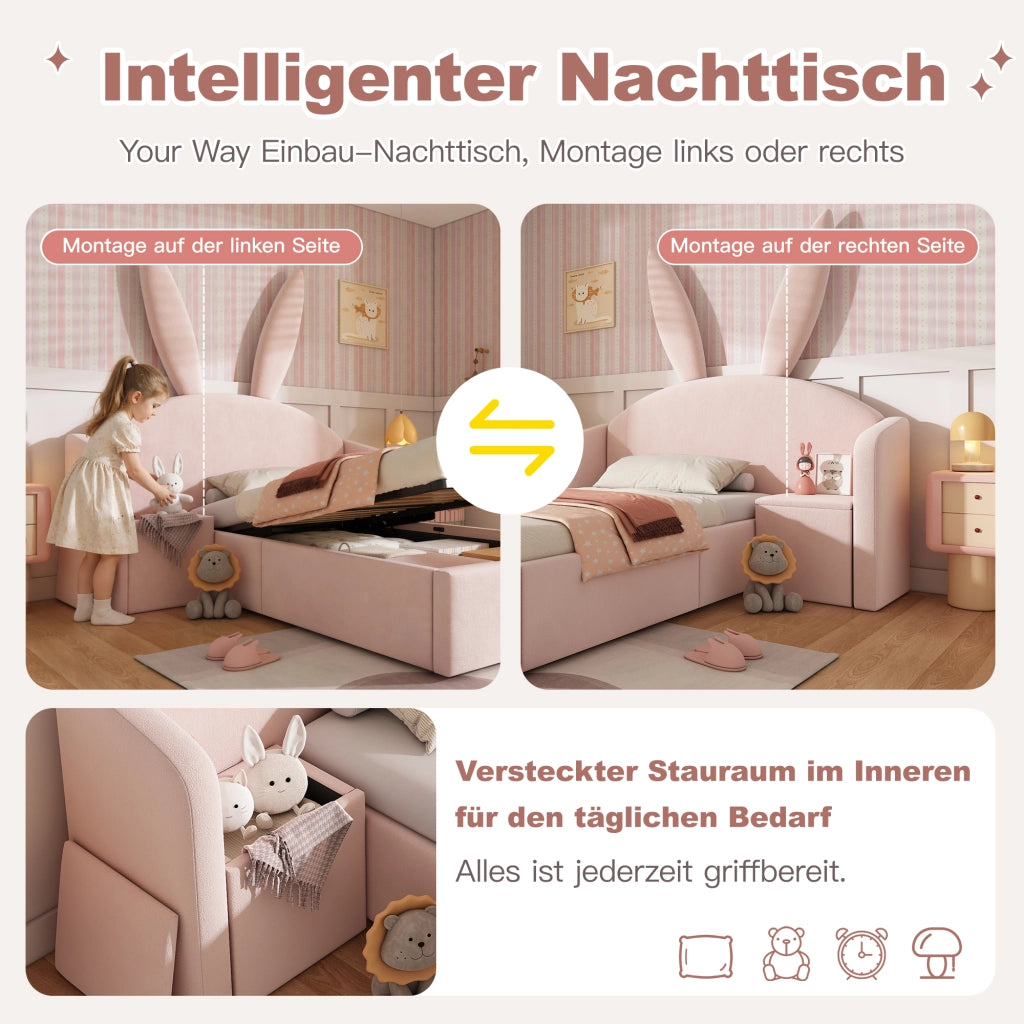 LETTO imbottito 90x200 cm Rosa in velluto con comodino laterale e contenitore