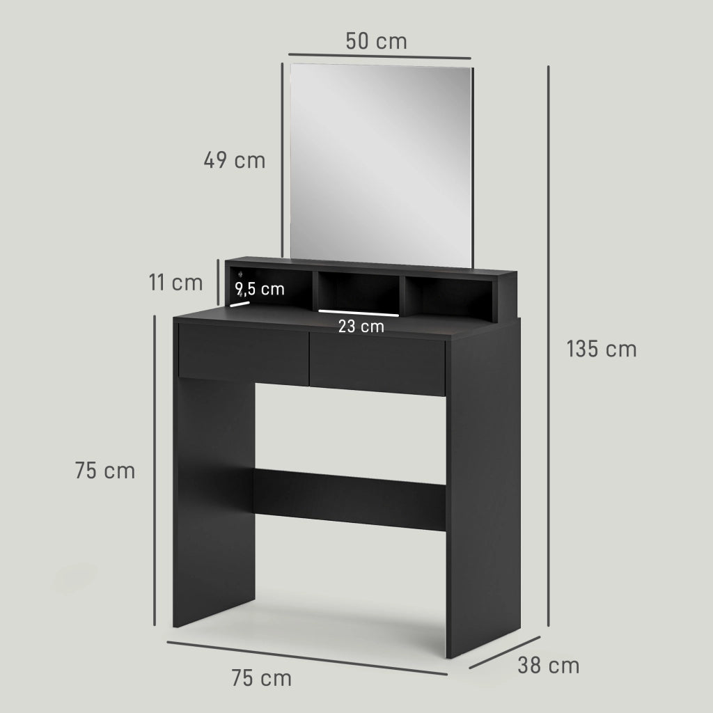 Tocador con specchio 2 cassetti 3 scompartimenti ¨C Minimal ¨C Nero 75x38x135 cm