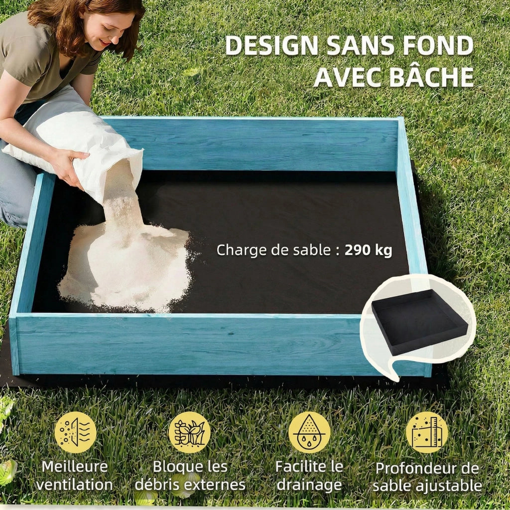 Bac ¨¤ sable in legno con coperchio e sedile pieghevole ¨C zephmum ¨C blu