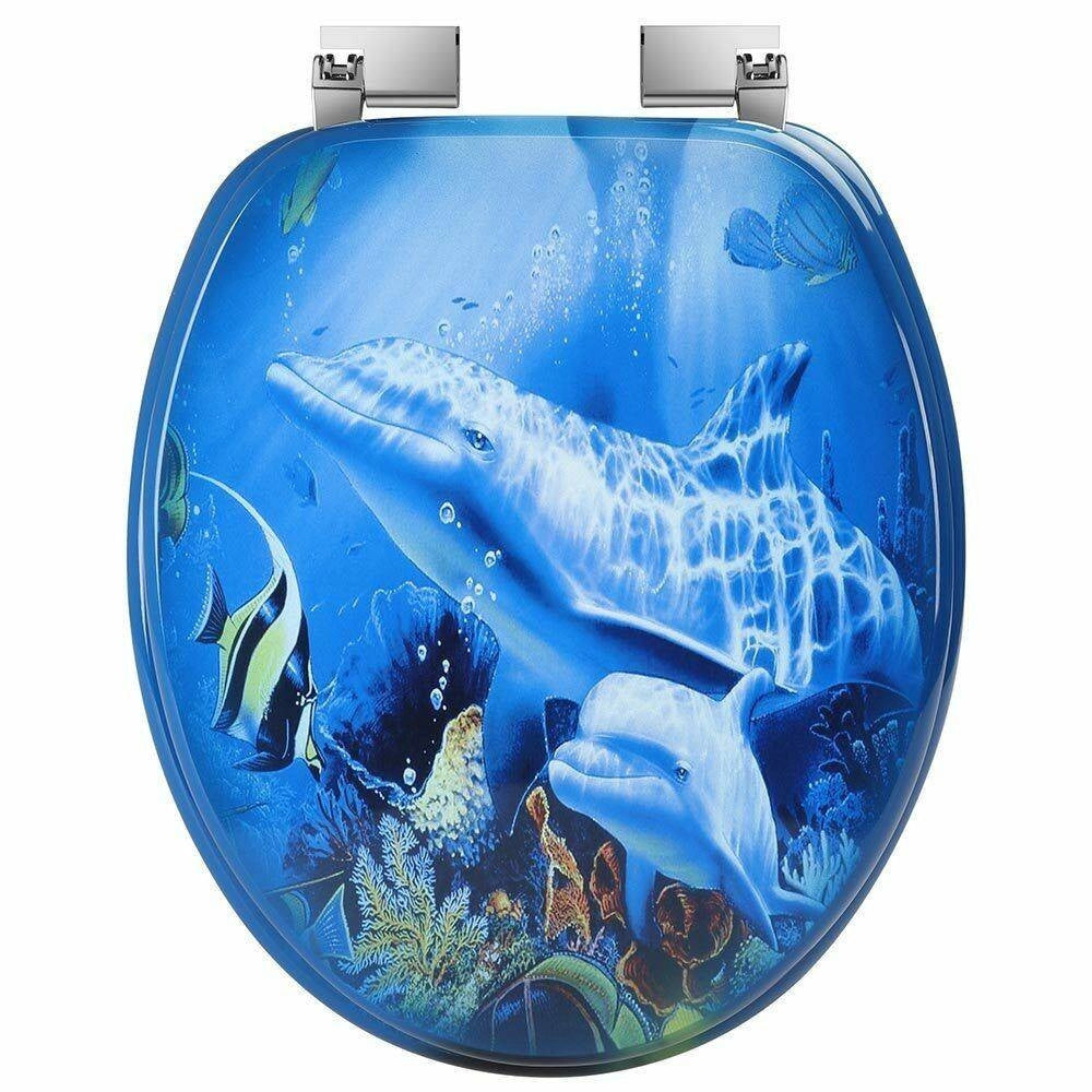 Trade Shop - Copriwater Universale Con Stampa Delfini Oceano Copri Tavoletta Wc Bagno Legno -        3,5
